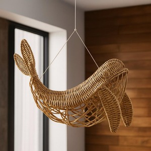 Décoration murale en rotin en forme de baleine, tissée à la main, à suspendre pour la maison, le salon, la chambre, la chambre d'enfant, style bohème côtier. - Product Image 4