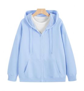 Sudadera con Capucha y Cierre de Cremallera Unisex, Color Verde Claro, Corte Holgado, Color Sólido, Informal, Tejida, 100% Algodón, Transpirable, para Invierno - Product Image 2