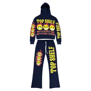 Brown <b>Men's</b> Hoodie and Sweatpants Set Vintage Flame Print <b>Crop</b> <b>Top</b> Jogger Outfit Casual Streetwear - Product Image 2