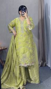 Ensemble Salwar brodé vert, tenue ethnique indienne pour femmes, Kurti Palazzo, robe de fête de mariage - Product Image 4