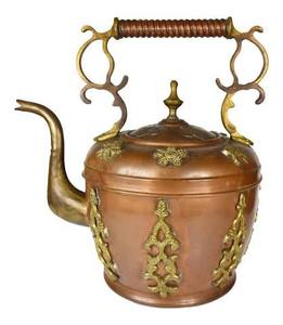 Vintage Tea Kettle With Brass Accents And <b>Lid</b> Metal Water <b>Pot</b> Decorative Kitchenware - Product Image 1