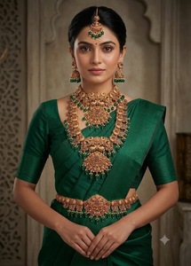 Ensemble de bijoux de mariée plaqué or d'Inde du Sud, motif paon, collier long, ceinture, boucles d'oreilles et mang tika. - Product Image 4