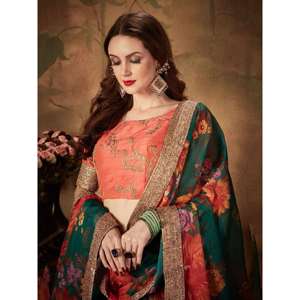 Refrescante verde oscuro estampado floral Organza seda boda Lehenga Choli con blusa naranja - Product Image 5