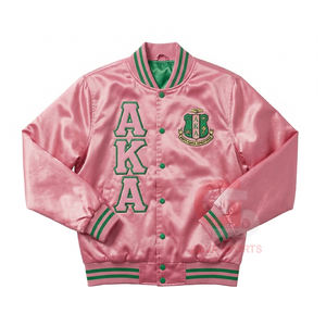 Chaqueta bomber satinada rosa y verde con letras griegas para mujer, estilo universitario, corta, resistente al viento, para hermandades, universidades y HBCU. - Product Image 1