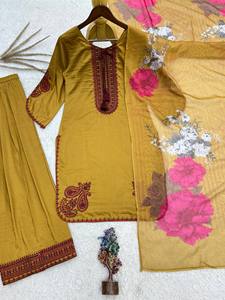 Women YellowcCotton <b>Kurti</b> With Maroon Embroidery Palazzo Set Loose Fit Floor Length Traditional <b>Indian</b> Pakistani Style - Product Image 6