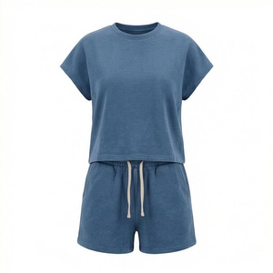 Ensemble 2 pièces pour femme en coton uni, col rond, manches courtes, coupe ample, au-dessus du genou, tenue décontractée printemps-été - Product Image 1