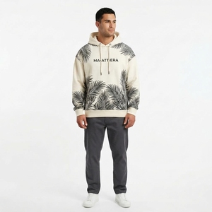 Sudadera con Capucha Color Crema para Hombre con Estampado de Hojas de Palma Negras, Sudadera Personalizada de Estilo Urbano - Product Image 1