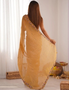 KV Women's Embroidered Embellished Reversible Viscose Silk Autumn Bollywood Tissue <b>Saree</b> with Unstitched Blouse (<b>Yellow</b>) - Product Image 3