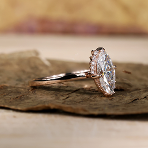 Marquise Cut Moissanite Diamond Engagement <b>Ring</b> Asymmetrical Halo Bridal Promise <b>Ring</b> Yellow Gold IGI Certified Anniversary 18k - Product Image 4