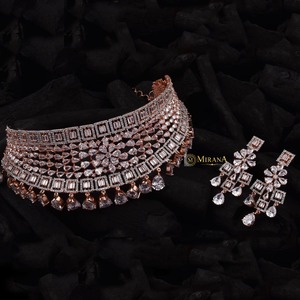 Antique Gold Plated Zircon Bridal Choker Necklace with Earrings Set - Product Image 1