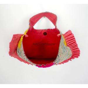 Indian Bohemian Embroidery Suzani Pattern Cotton Clutch Messenger <b>Bag</b> with Hand Length Handle Handmade Ruffles <b>Foldable</b> Design - Product Image 4