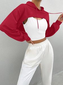 Sudadera con capucha corta de color sólido, manga larga, informal, para otoño, para mujer - Product Image 2