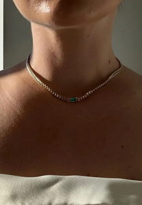 18K Gold Plated Figaro Chain Necklace With Emerald Cut Green Stone Bezel Set Unisex Hiphop Jewelry Gift - Product Image 3