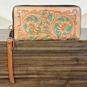 Nuevo Bolso de Mano con Cierre para Tarjetas de Crédito, Diseño Floral en Cuero Turquesa Genuino, Estilo Occidental de Lujo para Mujer - Product Image 5