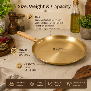 Premium Brass Tawa with Wooden <b>Handle</b> Traditional Indian Flat Fry <b>Pan</b> Heavy Duty Kitchen Cookware for Roti Dosa Cooking - Product Image 5