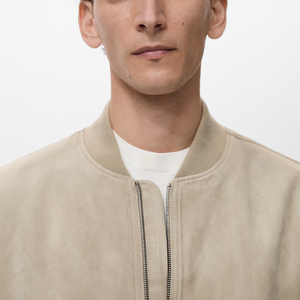 <b>Men's</b> Beige <b>Suede</b> Bomber <b>Jacket</b> Stand Collar Zipper Closure Casual Regular Fit Autumn Wear - Product Image 4