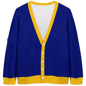 เสื้อคาร์ดิแกนถักไหมพรมคอวีสีน้ำเงินเหลืองสำหรับผู้หญิง แบบขายส่งตามสั่งสำหรับนักศึกษาหญิง แขนยาว ติดกระดุม ลำลอง สีตัดกัน - Product Image 1
