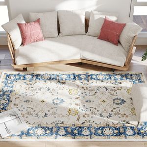Tappeto 5x7 Lavabile in Lavatrice Antiscivolo con Stampa Floreale Boho, Tappeto a Pelo Lungo Marrone per Soggiorno, Camera da Letto e Sala da Pranzo, Colore Blu - Product Image 1
