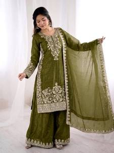 Heavy Embroidered <b>Silk</b> Kurta Palazzo Set Olive <b>Green</b> Floral Beaded Salwar Kameez for Wedding Party Graduation Diwali Spring - Product Image 5