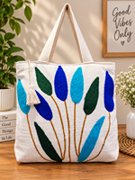 Tas katun motif bunga dengan pola bordir, dua tali, tas selempang katun, warna tenun tangan, dua tali, dekorasi rumbai, bergaya.