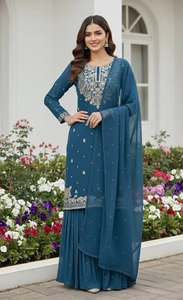 Traje Salwar de Seda para Mujer, Estilo Indio-Pakistaní, Sharara Gharara, Color Cielo, para Fiestas, Bodas, Uso Casual, Estilo Tradicional, para Todas las Temporadas - Product Image 5