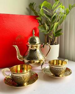Luxury Brass Tea <b>Set</b> with <b>Teapot</b>, Cups, Saucers and Serving Tray – Traditional Indian Handcrafted Brass Tea & Coffee <b>Set</b> - Product Image 2