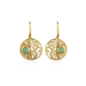 Boucles d'oreilles vintage modernes minimalistes en chrysocolle de forme ronde, pendantes, plaquées or 18 carats, design filigrane en laiton. - Product Image 1