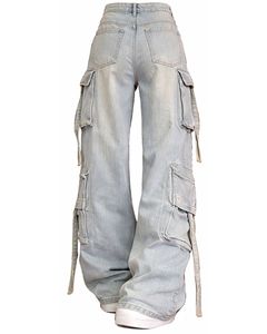 Pantalon cargo en jean bleu clair taille haute avec plusieurs poches, coupe ample, longueur intégrale, style décontracté, finition délavée - Product Image 2