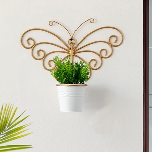 Jardinière murale en métal plaqué or de luxe avec pot blanc pour plantes vertes, pot à fleurs suspendu décoratif moderne - Product Image 1