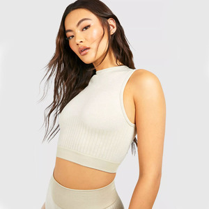 Haut court côtelé sans manches pour femme, col rond, couleur unie, tricoté, coupe décontractée, printemps-été, respirant, mélange coton élasthanne - Product Image 1