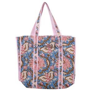 Eco-Friendly Women's 100% Pure Cotton Quilted Tote <b>Bag</b> with <b>Long</b> Handle Large Size Multi-Color Made Rajasthan for Daily Use - Product Image 5