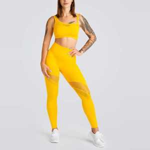 Conjunto de Yoga para Mujer, Color Sólido, Cuello Redondo, Top Corto, Leggings de Cintura Alta, 2 Piezas, Sin Costuras, Spandex/Nailon, Transpirable - Product Image 2