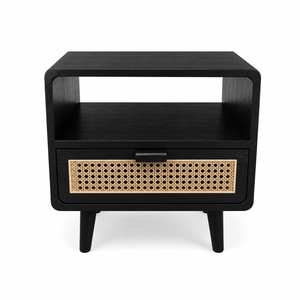 Mueble de Dormitorio, Mesita de Noche de Madera de Teca Premium, Estilo Moderno de Mediados de Siglo, Calidad de Exportación, Nero Woven, 1 Cajón, Acabado Negro - Product Image 1