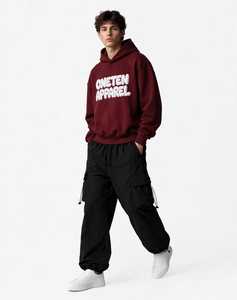 <b>Men's</b> Plus Size Autumn Knitted Fleece Hooded Pullover Sweatshirt <b>Burgundy</b> Solid Front Logo Regular Sleeve <b>Hoodie</b> - Product Image 3