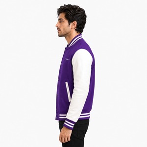 Veste de style universitaire tendance en tissu de laine douce, design à manches contrastées, col et poignets en tricot côtelé, boutons pression sur le devant, veste décontractée streetwear - Product Image 3