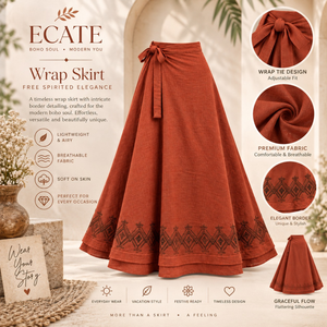 Terracotta Cotton <b>Wrap</b> <b>Skirt</b> | Womens Boho Tie Waist A Line <b>Maxi</b> <b>Skirt</b> Ethnic Border Print Casual Vacation Resort Summer Daywear - Product Image 2