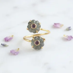 Popular Design Open Bans <b>Rings</b> 18k Gold Plated Brass Gemstone Labradorite Turquoise <b>Black</b> Onyx Amazonite With CZ Fashion Jewelry - Product Image 5
