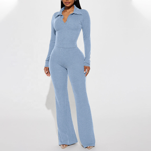Offre Spéciale – Ensemble 2 Pièces Tricoté pour Femme : Combinaison Longue en Maille Côtelée à Col Cranté et Tenue Décontractée Chic Couleur Unie pour Clubbing - Product Image 1