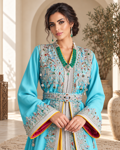Caftán Marroquí Elegante Turquesa Mishkat Couture con Bordado Plateado, Gemas Multicolor, Cinturón de Monedas y Largo Maxi Dorado - Product Image 3