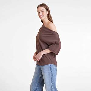 Camiseta informal de moda para mujer, de jersey transpirable y ecológico, con estampado de letras, estilo off-shoulder, para verano. - Product Image 2