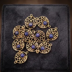 Natural <b>Lapis</b> <b>Lazuli</b> Brass <b>Pendant</b> Charm, Floral Filigree Jewelry Making Component - Product Image 5