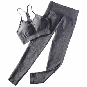 Women's Yoga Set 2 Piece High Waist <b>Leggings</b> <b>With</b> <b>Pockets</b> Racerback Sports Bra Seamless Full Length Solid Gray Workout Wear - Product Image 1