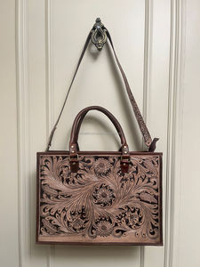 Large Western Concealed Carry Tooled Leather Briefcase <b>Laptop</b> Shoulder Handbag Brown <b>Hand</b> Tooled Tote <b>Bag</b> Genuine Leather Purse - Product Image 4