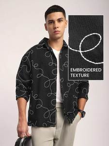 Stylish Men Black Cotton Embroidered Shirt Full Sleeve Casual Button <b>Down</b> Overshirt with Abstract Line Design - Product Image 5