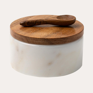 Organic Acacia Wood Round Salt Cellar Container with Spoon Herb & Spice Tools for Home Use Salt Pepper Bowl Spice Box - Product Image 2