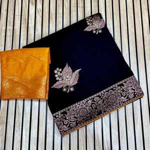 DISEÑADOR DOLA SEDA SAREE TEJIDO TRABAJO RICO PALLU CON FRONTERA SAREE CON BLUSA DESCOSADA NEGRO - Product Image 1