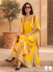 Vestido Kaftán Largo Estampado Amarillo de Rayón para Mujer, Cuello en V, Manga Larga, Hasta la Rodilla, Elegante, Marca HitJem Export Premium - Product Image 2
