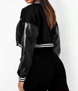 Blouson universitaire court noir pour femme avec broderies chenille personnalisées 2026, manches en cuir OEM, style baseball universitaire - Product Image 4