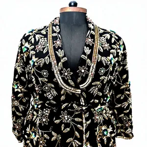 Vintage <b>Black</b> Velvet Embroidered Wrap Coat Floral <b>Shawl</b> Collar Three Quarter Sleeve Knee-Length Adult Winter Wear - Product Image 4