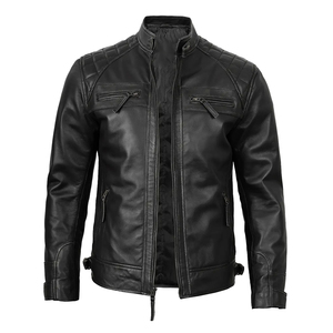 <b>Men's</b> Genuine Leather Moto <b>Jacket</b> Slim Fit Stand Collar Zipper Closure Windproof Black Moto Biker Style At Factory Price - Product Image 2
